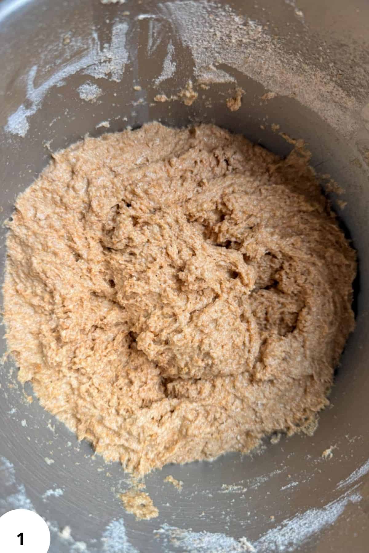 Close-up of fresh milled sourdough dough in a mixing bowl.