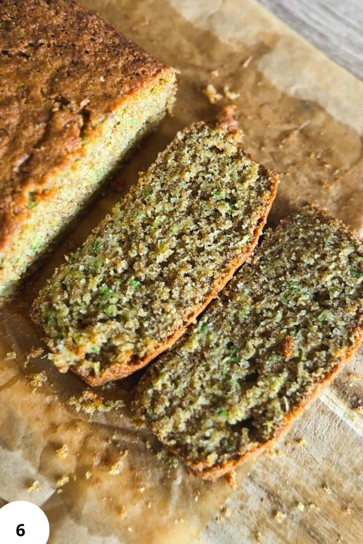 Close-up of fresh milled zucchini bread slices on parchment paper.