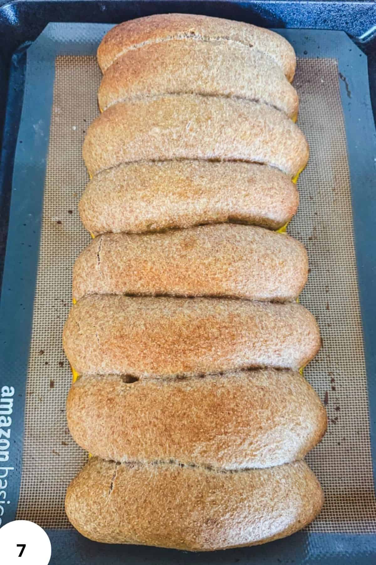 Freshly baked sourdough hot dog buns on a baking sheet.