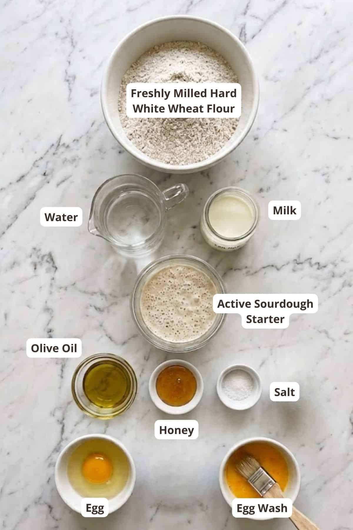 Ingredients for sourdough hot dog buns including flour, water, milk, and eggs.