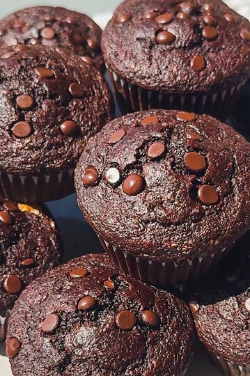 Chocolate muffins topped with chocolate chips, perfect for sourdough recipes.