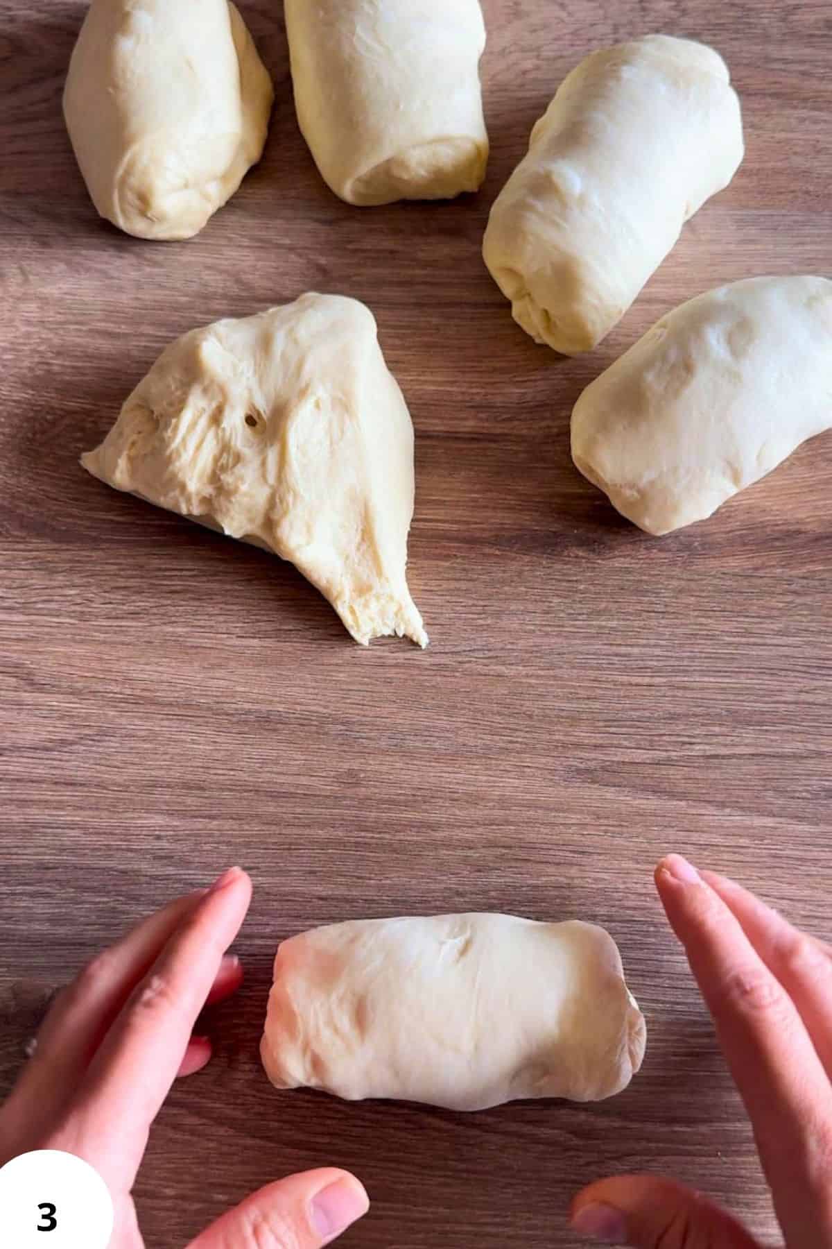 Dough pieces for bread baking with stretch and fold technique.