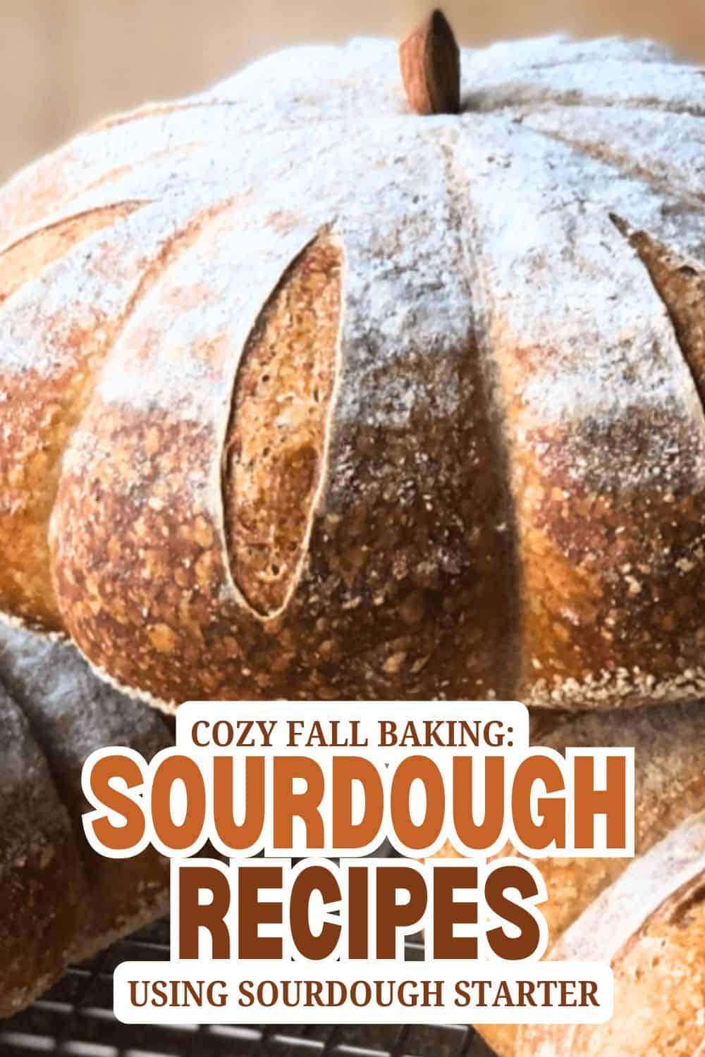 Freshly baked sourdough bread with scoring and dusting of flour.