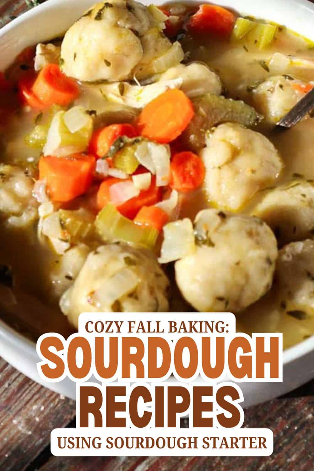 Sourdough bread dumplings with vegetables in a bowl for fall baking.
