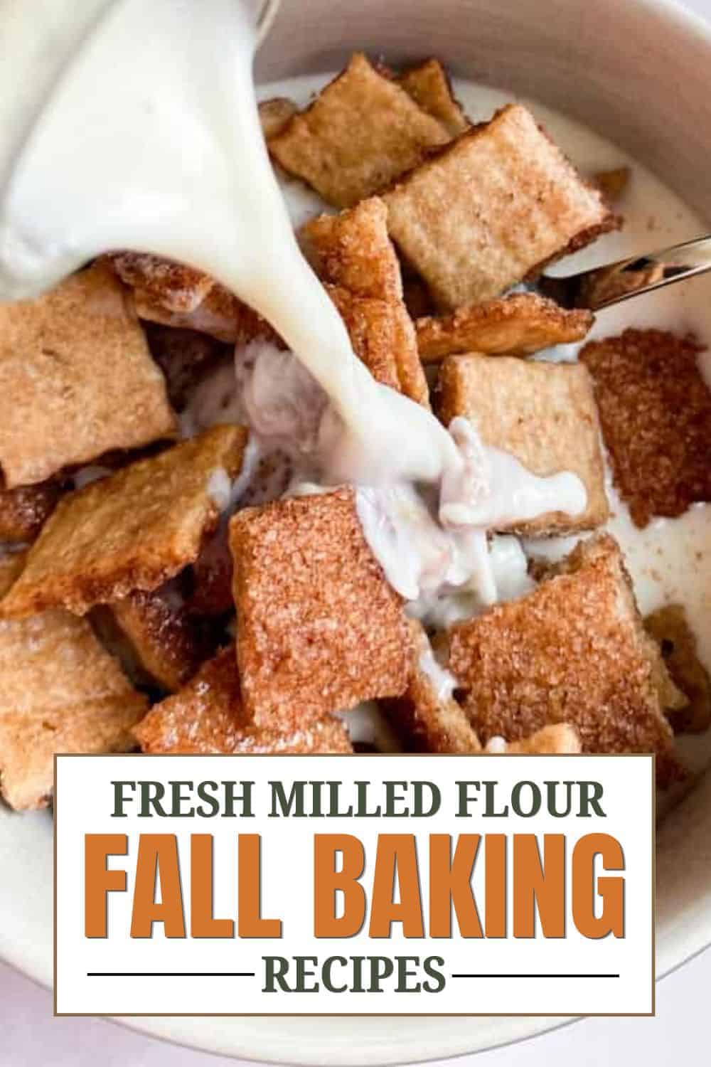Pouring milk over bread cubes for fall baking recipes.