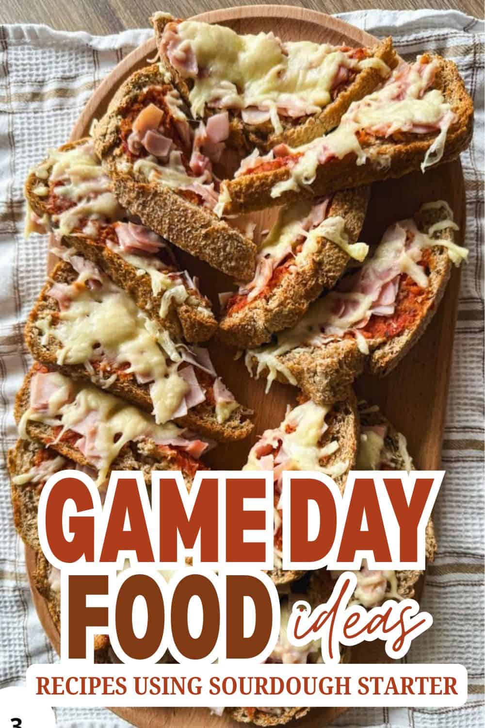 Delicious sourdough bread slices topped with cheese and ham for game day snacks.