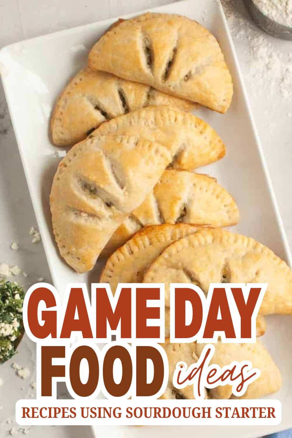 Close-up of baked sourdough empanadas on a white plate.