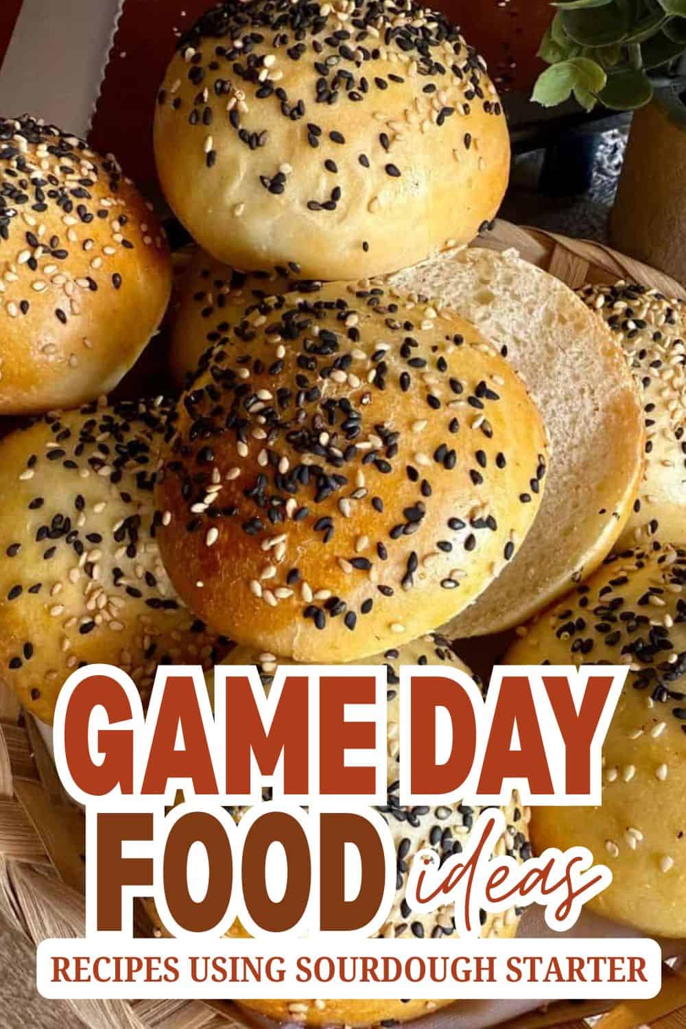 Close-up of sourdough bread rolls with sesame seeds, perfect for game day snacks.