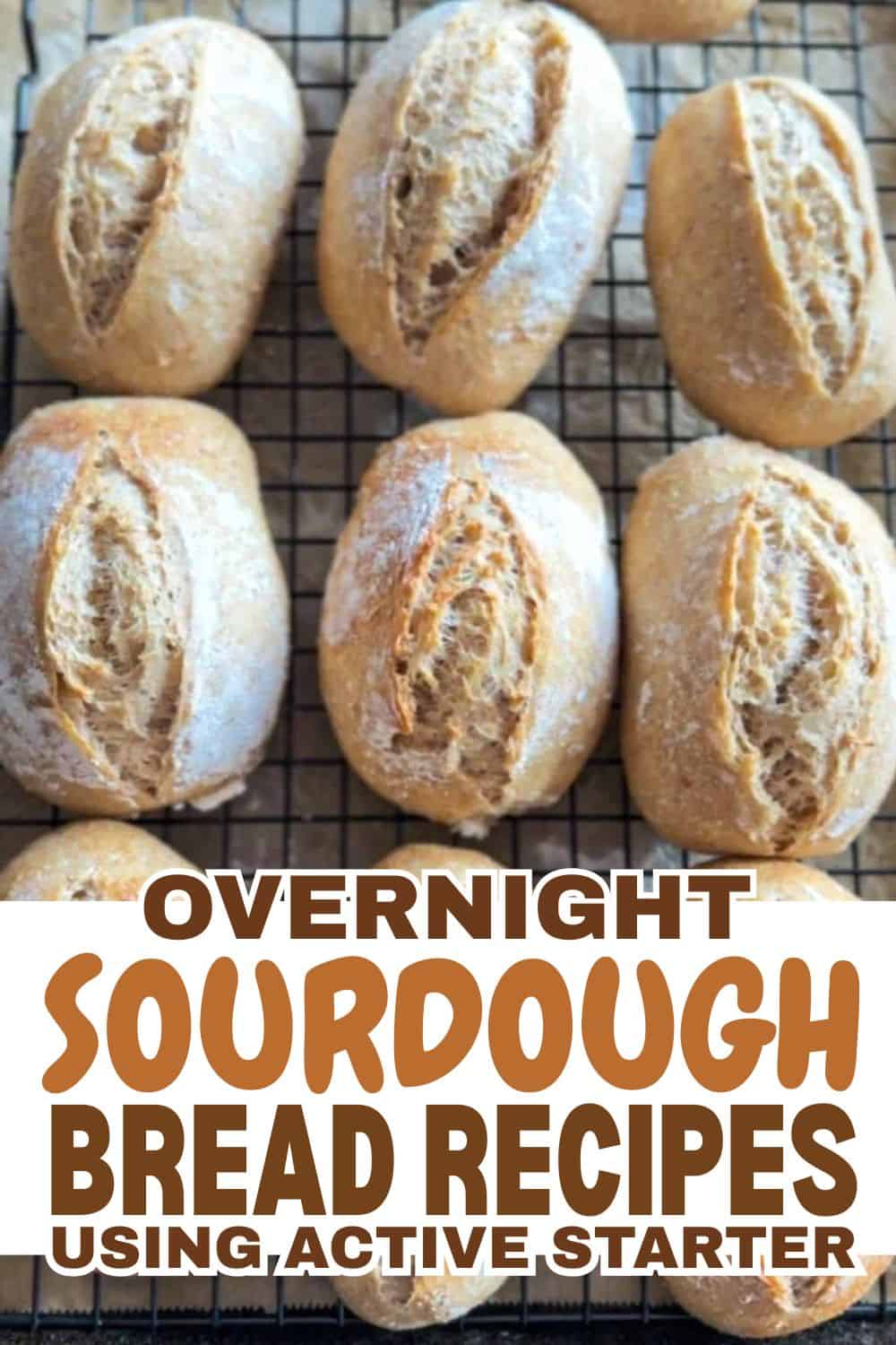 Freshly baked sourdough bread rolls cooling on a wire rack.