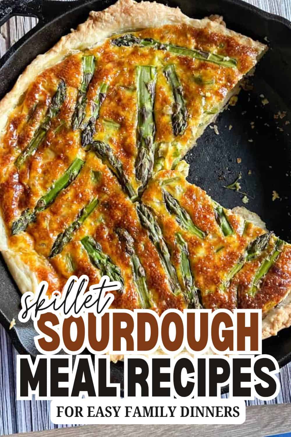 Sourdough pizza with asparagus in a cast iron skillet.