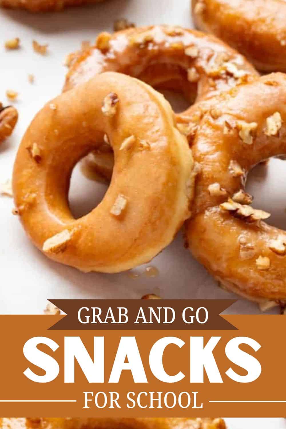 Close-up of glazed donuts with nuts, perfect for school snacks.