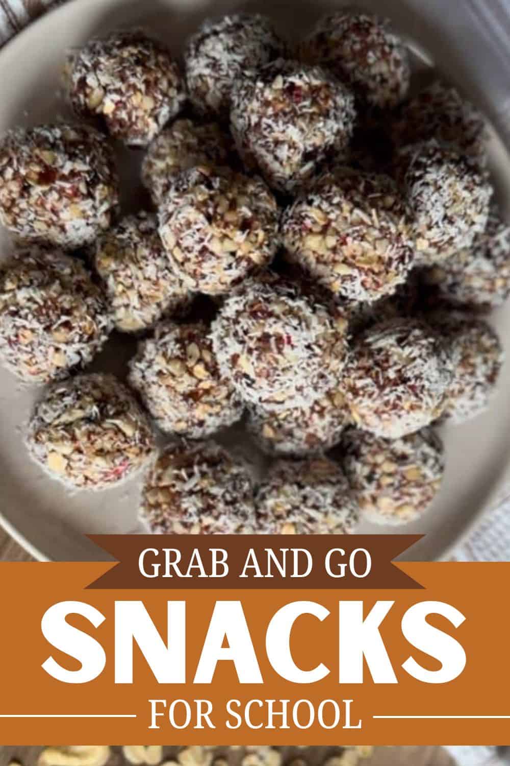 Close-up of coconut-covered snack balls for school snacks.