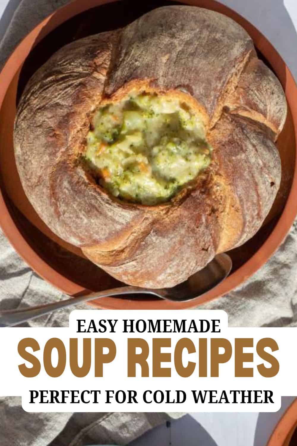 Rustic bread bowl filled with creamy soup, perfect for cold weather.