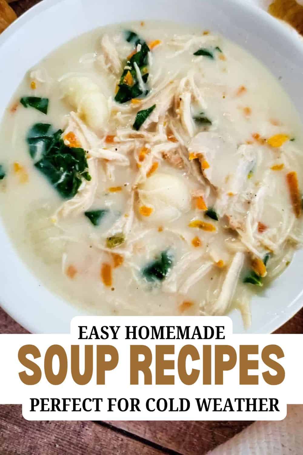 Creamy homemade soup with vegetables and shredded chicken in a white bowl.