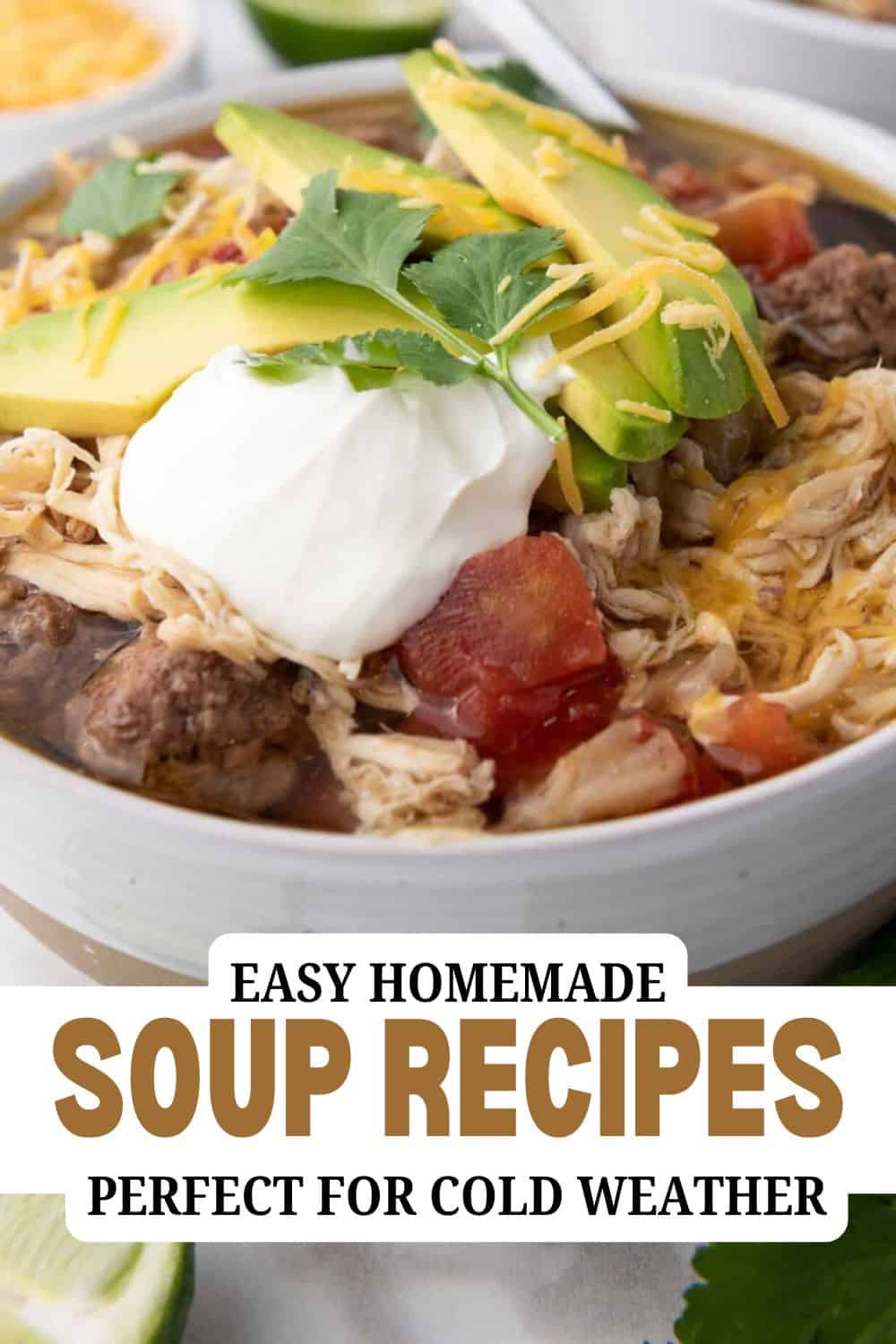 Bowl of homemade soup with avocado, sour cream, and shredded chicken.