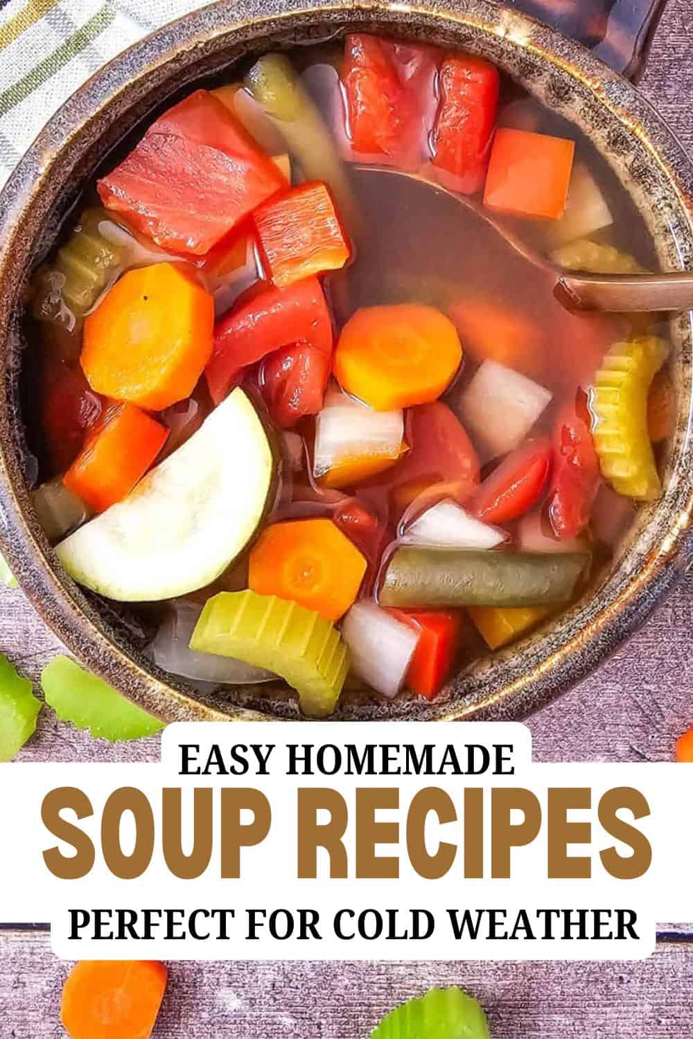 Bowl of homemade vegetable soup with carrots, celery, and tomatoes.