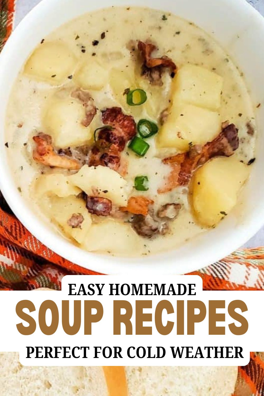 Creamy homemade soup with potatoes, bacon, and green onions in a white bowl.