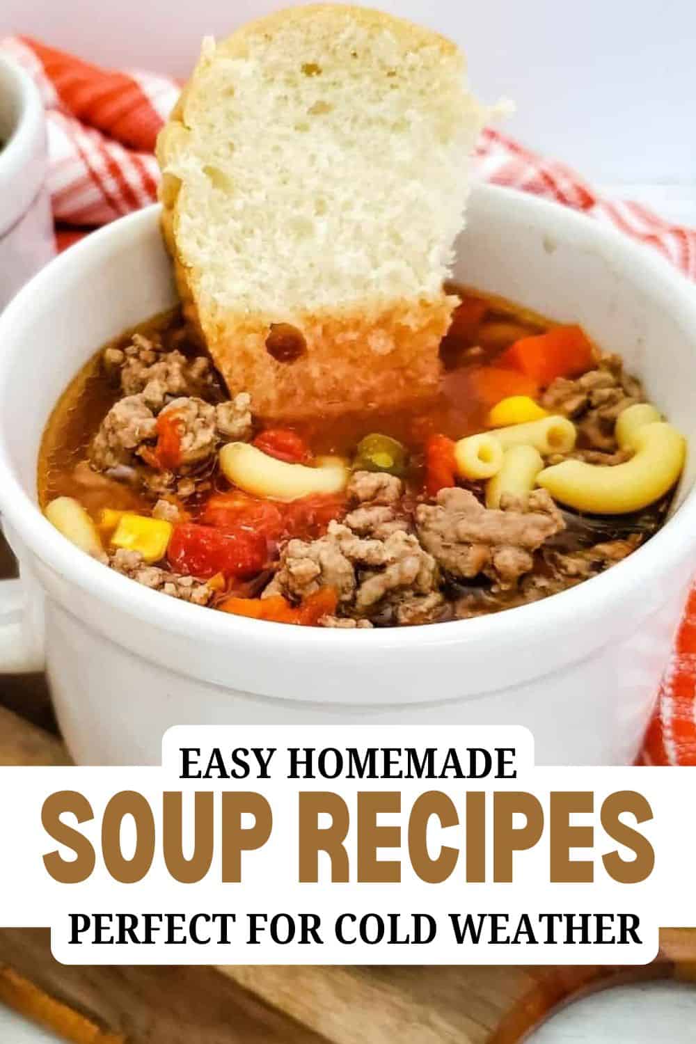 Bowl of hearty homemade soup with bread slice on top.