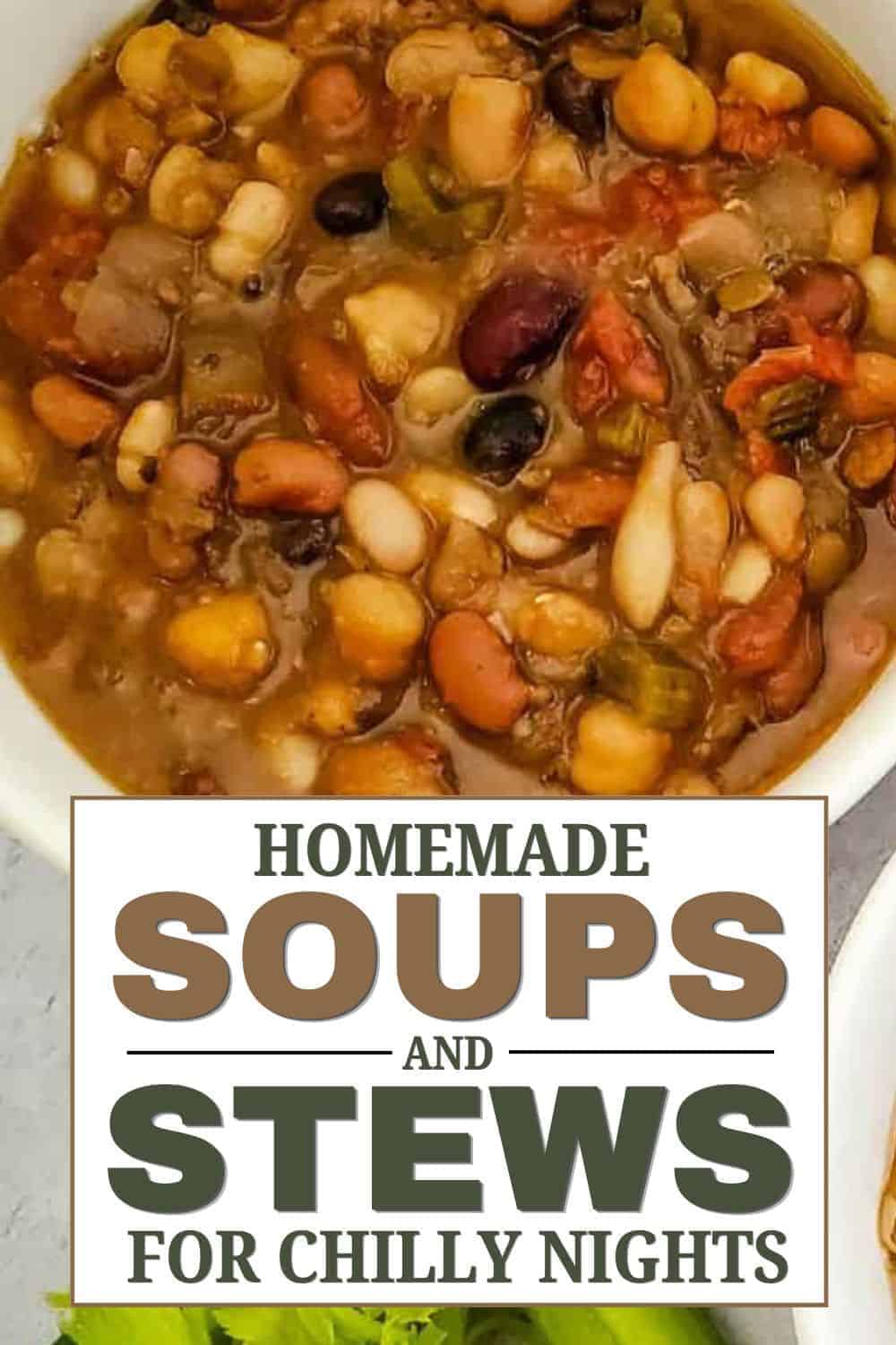 Hearty mixed bean and vegetable soup in a bowl for chilly nights.