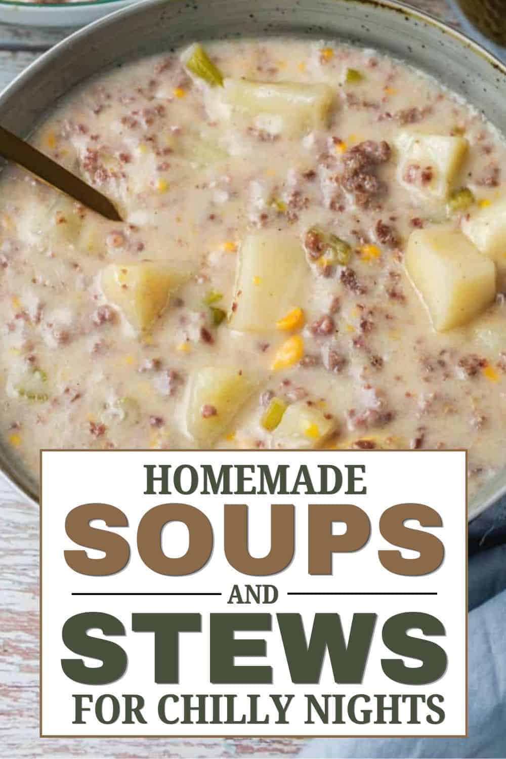 Creamy homemade soup with potatoes, ground meat, and vegetables in a bowl.