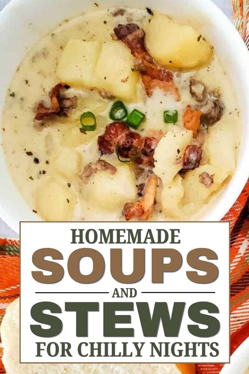 Creamy potato and bacon soup with green onions in a bowl.