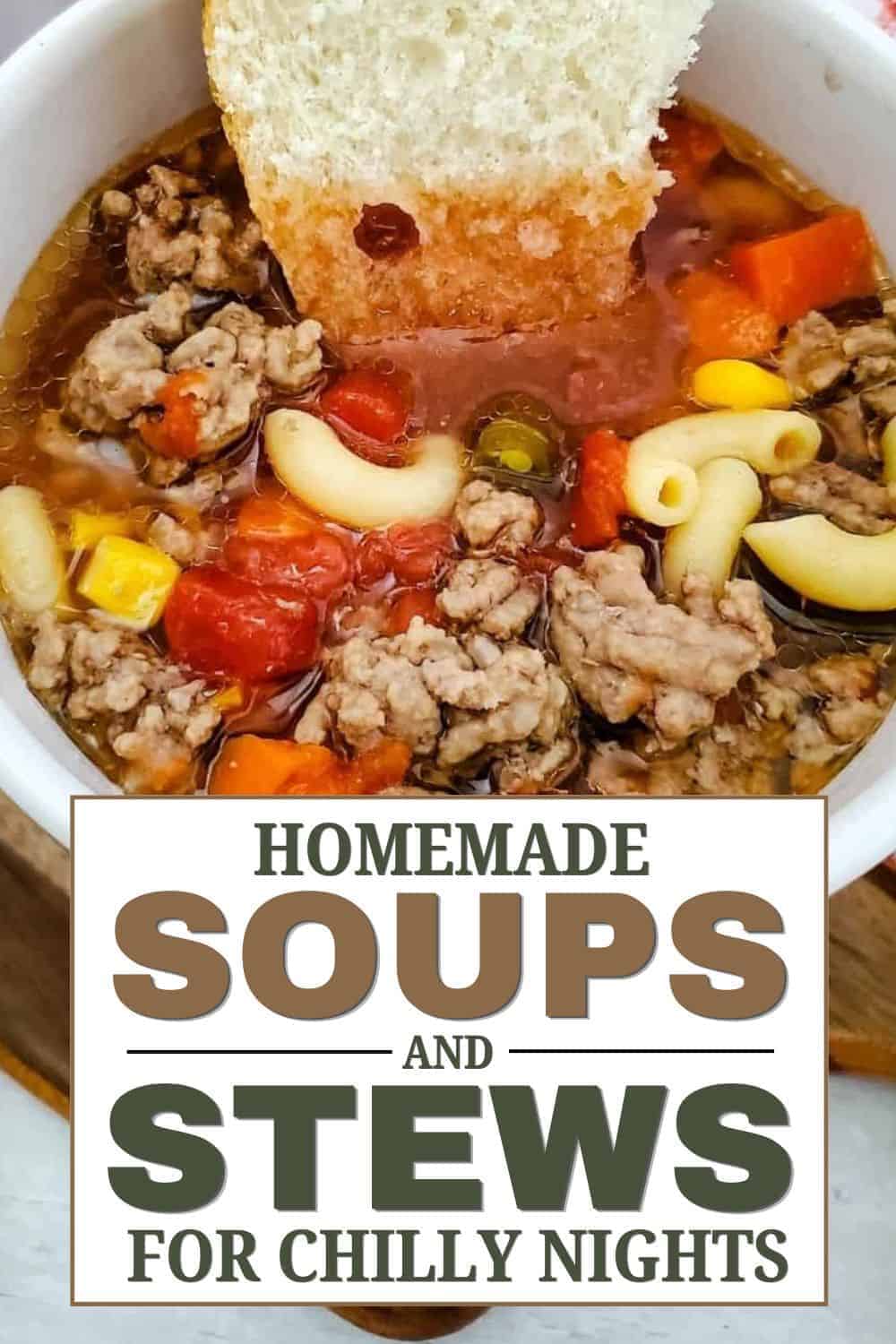 Hearty homemade soup with ground meat, vegetables, and pasta in a bowl.