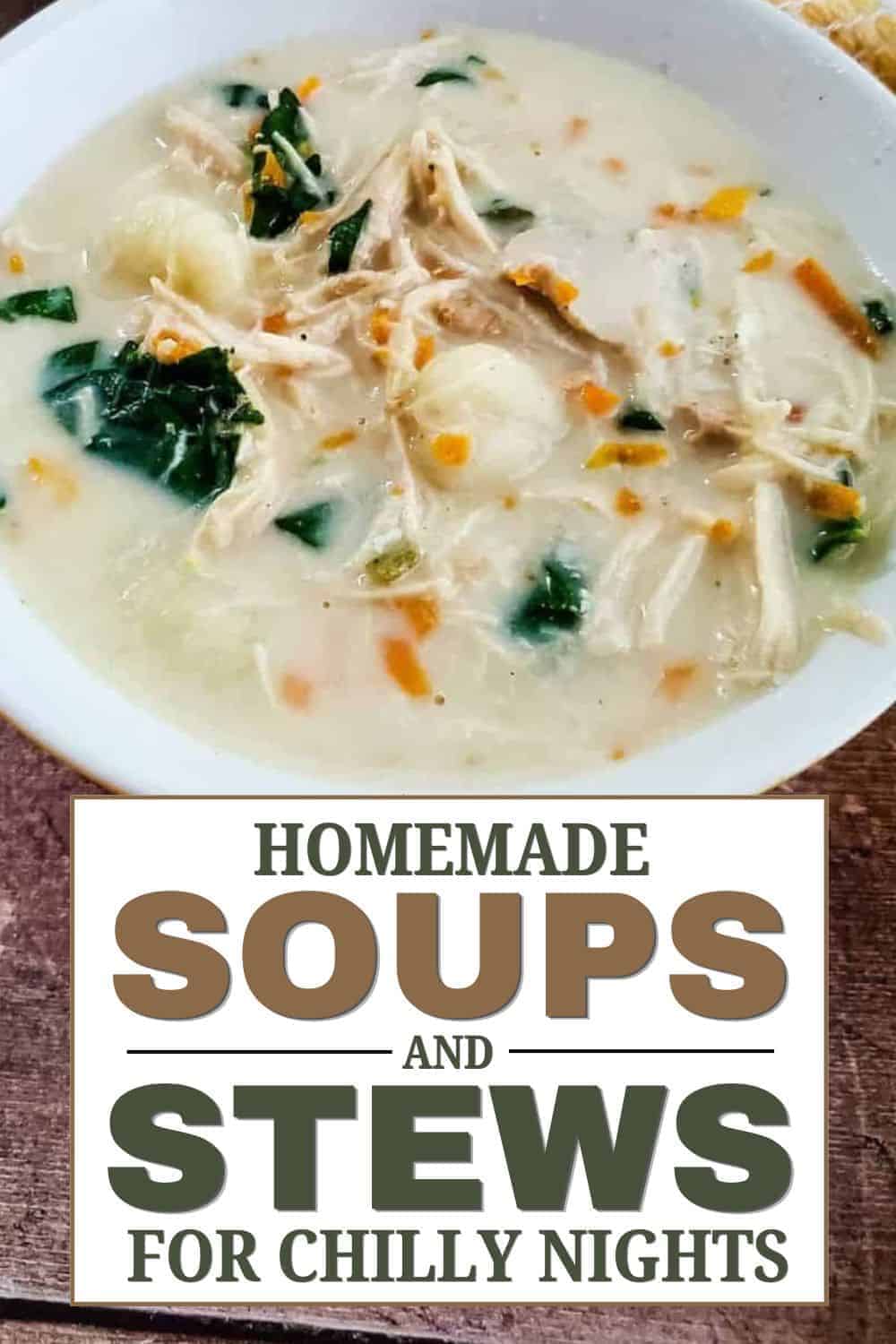 Creamy chicken soup with vegetables in a white bowl, perfect for chilly nights.