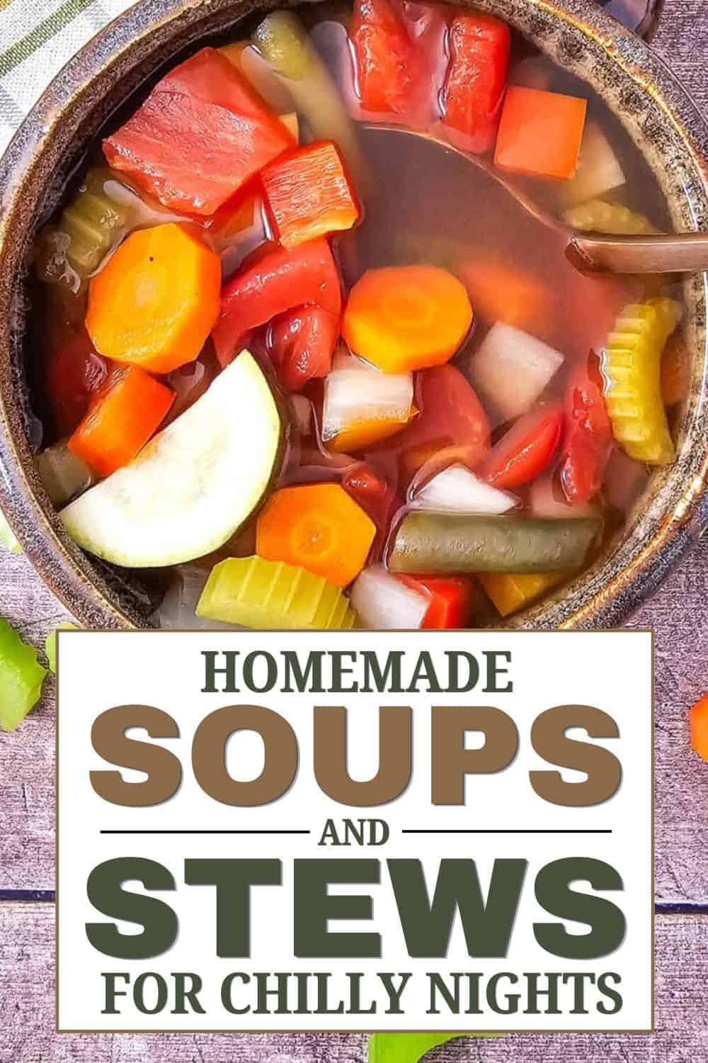 Colorful vegetable soup in a rustic bowl, perfect for chilly nights.