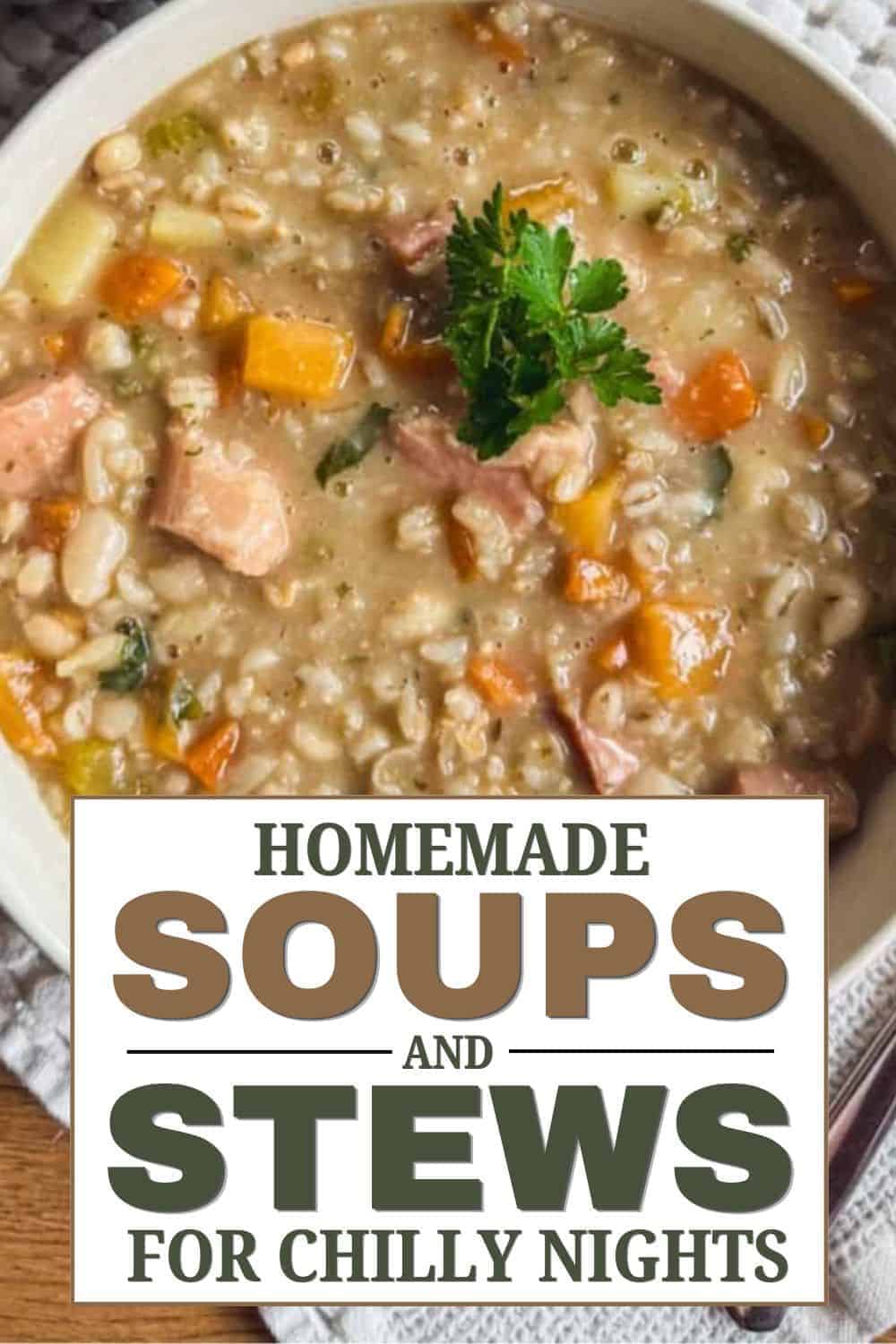 Hearty homemade soup with vegetables and herbs in a bowl for chilly nights.