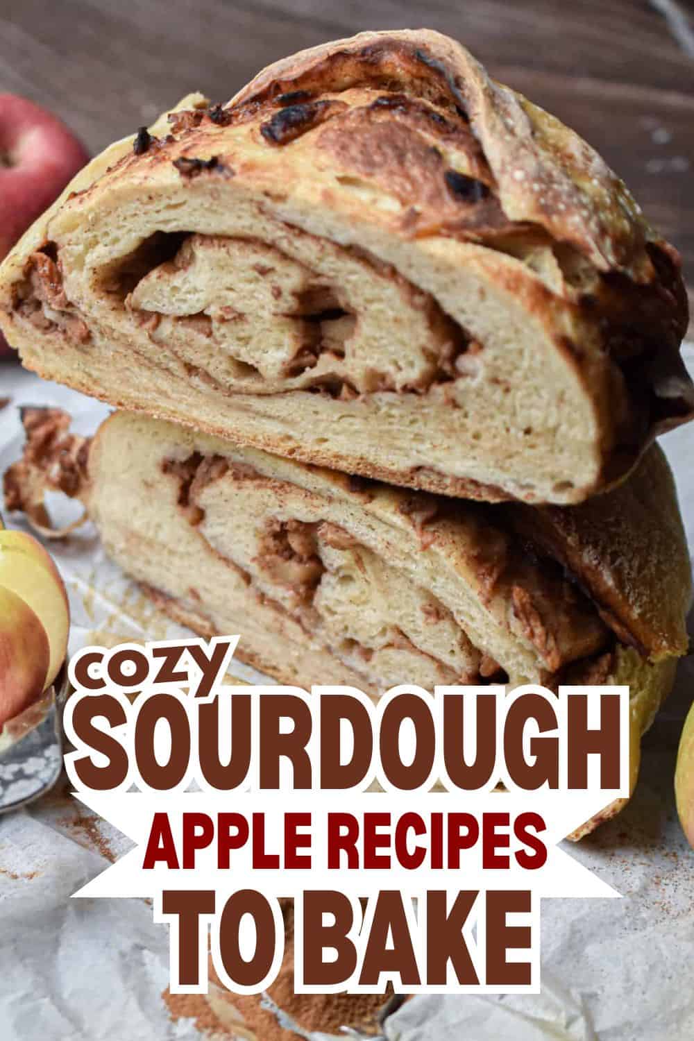 Close-up of freshly baked sourdough apple bread with swirls and crispy crust.