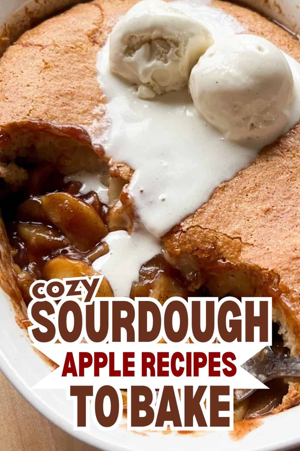 Close-up of baked sourdough apple pie with ice cream on top.
