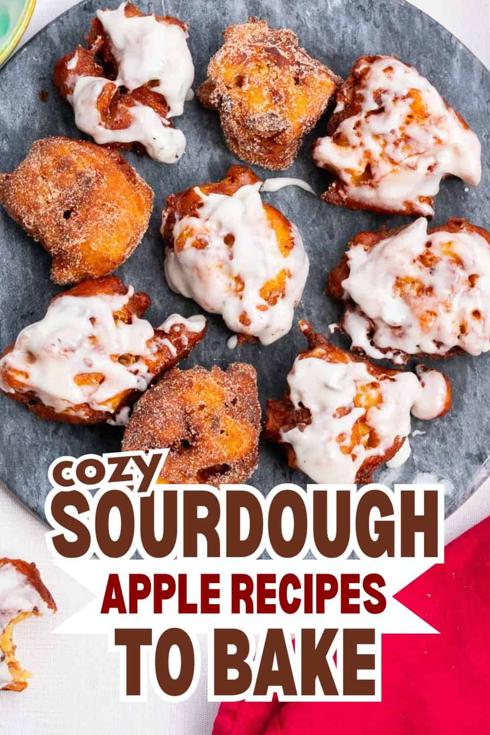 Sourdough apple treats with icing on a gray plate for baking.