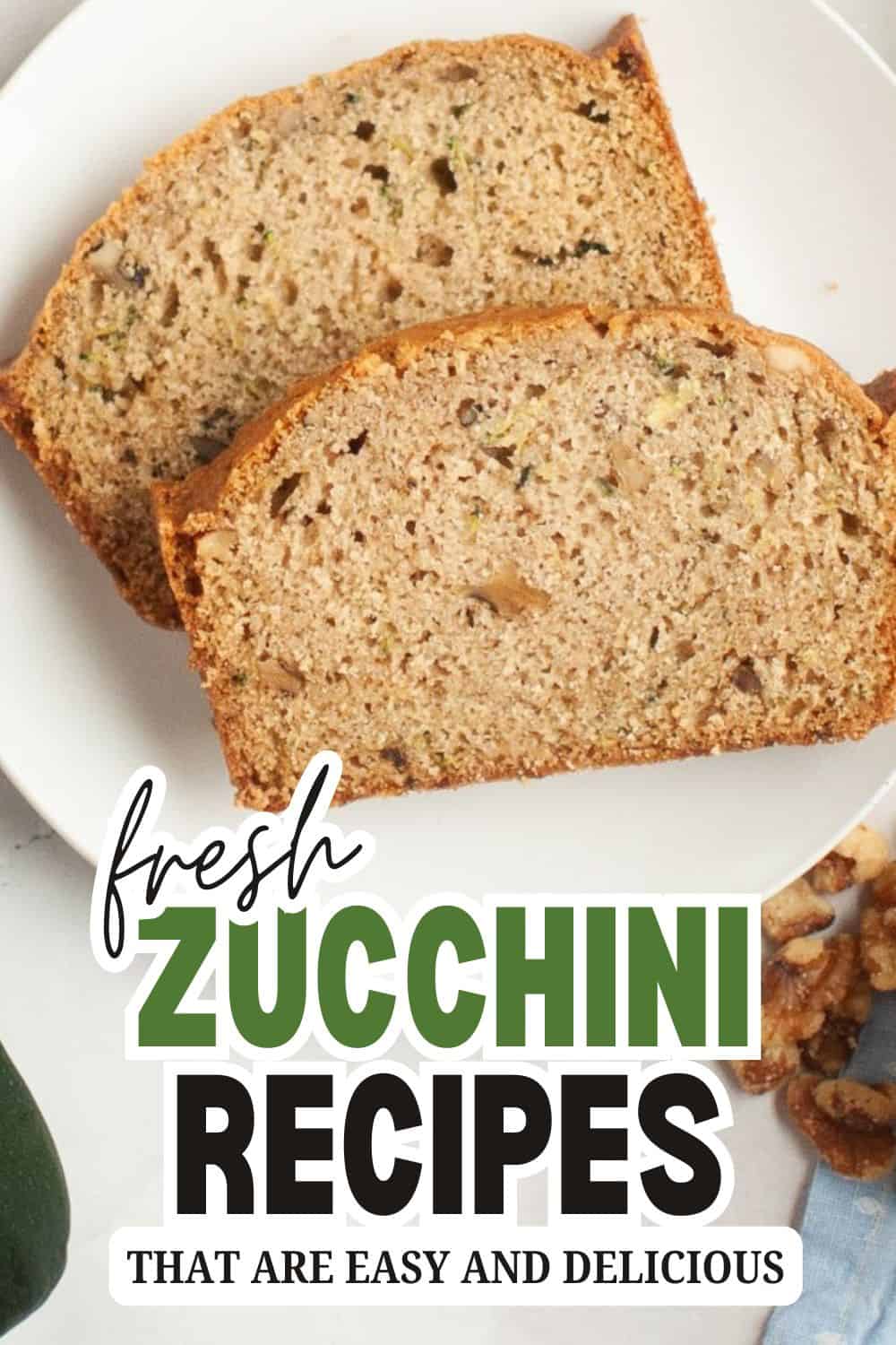 Two slices of zucchini bread on a white plate, fresh and homemade.