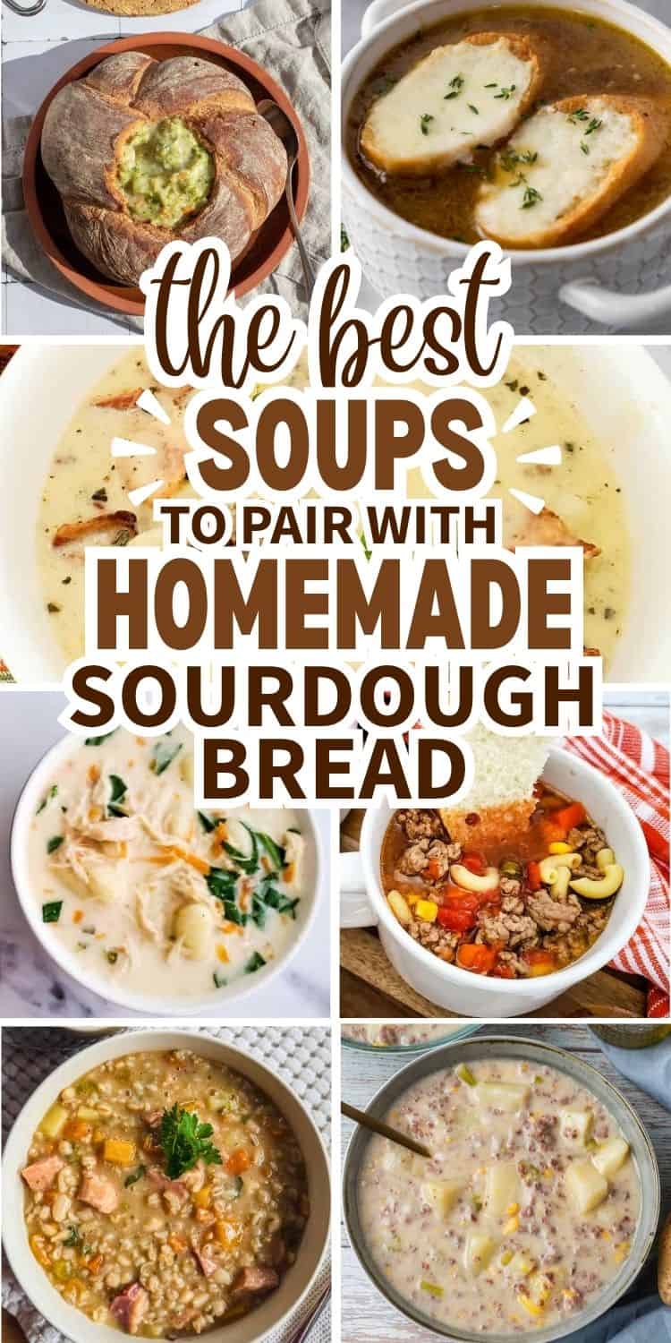 Assorted homemade soups served with sourdough bread slices.
