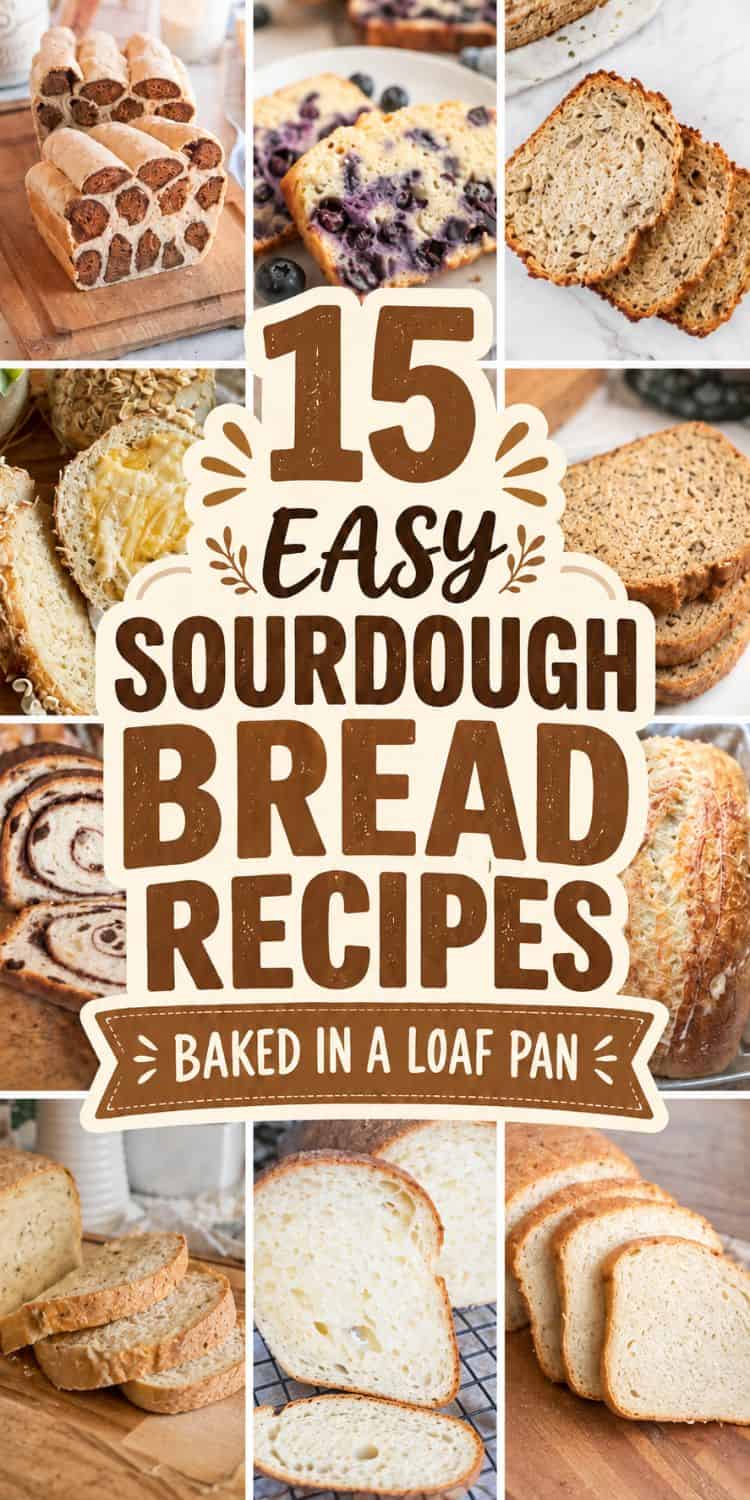 Assorted homemade sourdough bread slices and loaves in a baking setting.