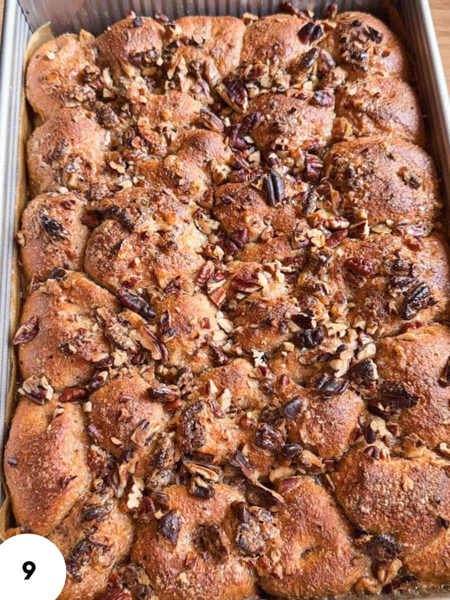 Close-up of sticky pecan pie pull-apart focaccia with nuts and caramelized topping.