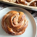 Close-up of a freshly baked cinnamon roll on a white plate.