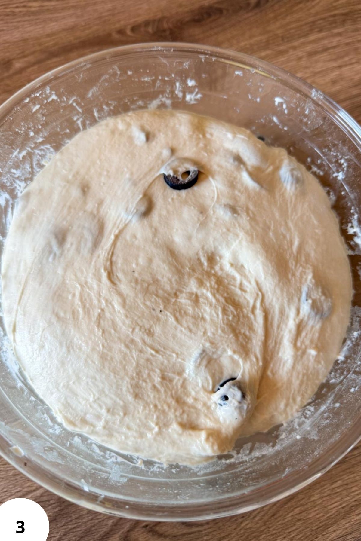 Fermentation dough with olives for sourdough focaccia.