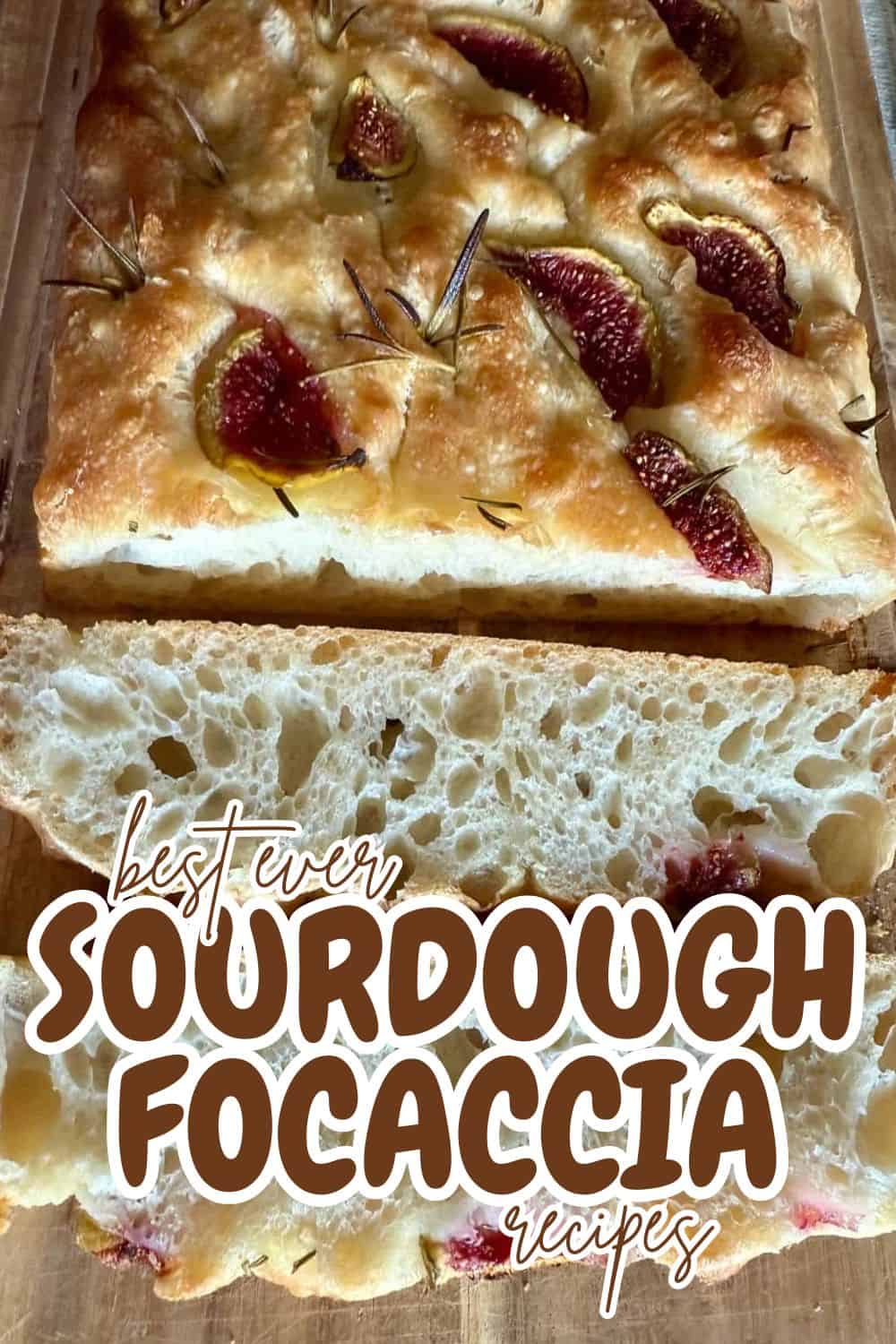 Close-up of homemade sourdough focaccia with figs and rosemary.