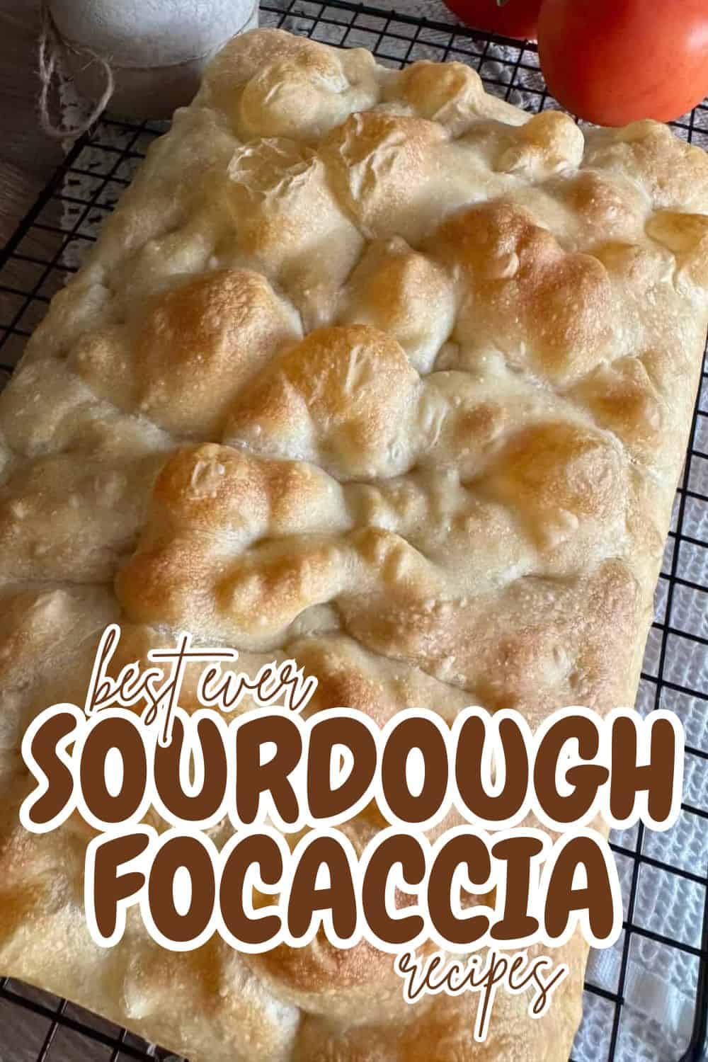 Freshly baked sourdough focaccia with golden crust on cooling rack.