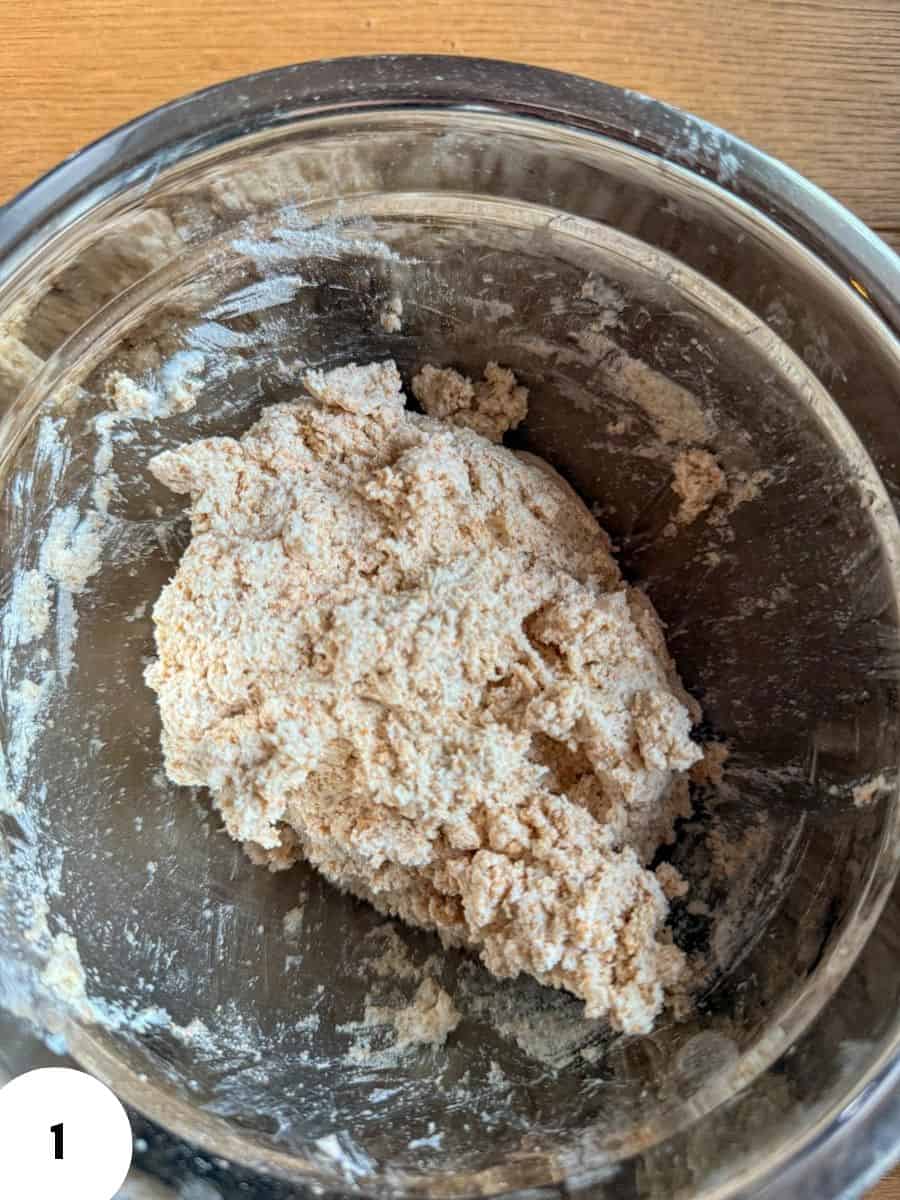 Dough for bread with stretch and folds technique in a glass bowl.