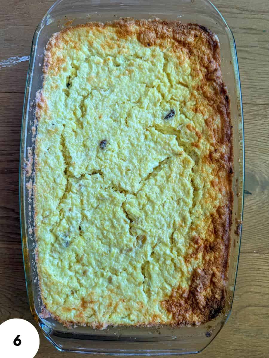 Baked apple millet and farmer's cheese casserole in glass dish.