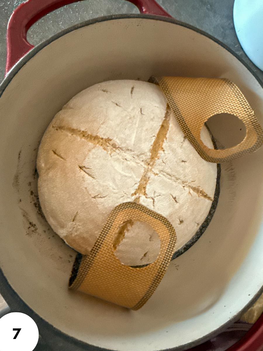 Bread dough proofing in a Dutch oven with banneton baskets for fermentation.