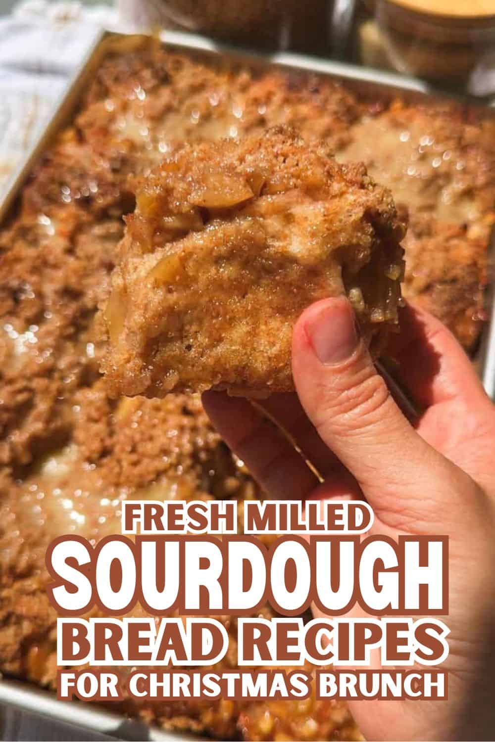 Close-up of a hand holding a slice of fresh milled sourdough bread.