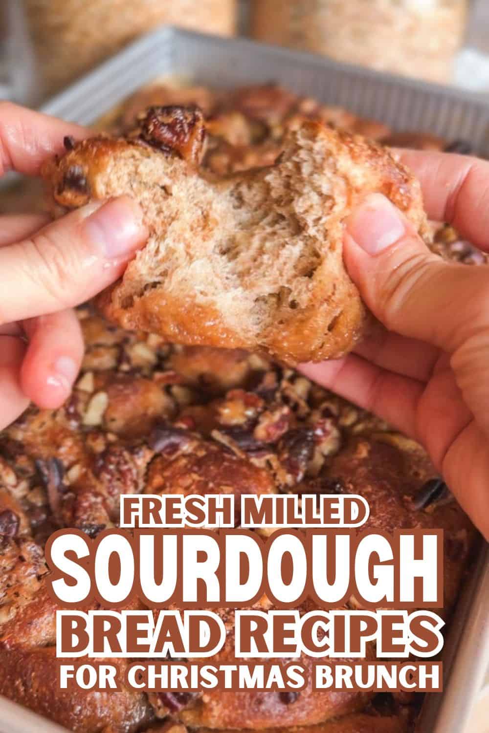 Close-up of hands tearing fresh sourdough bread for Christmas brunch.