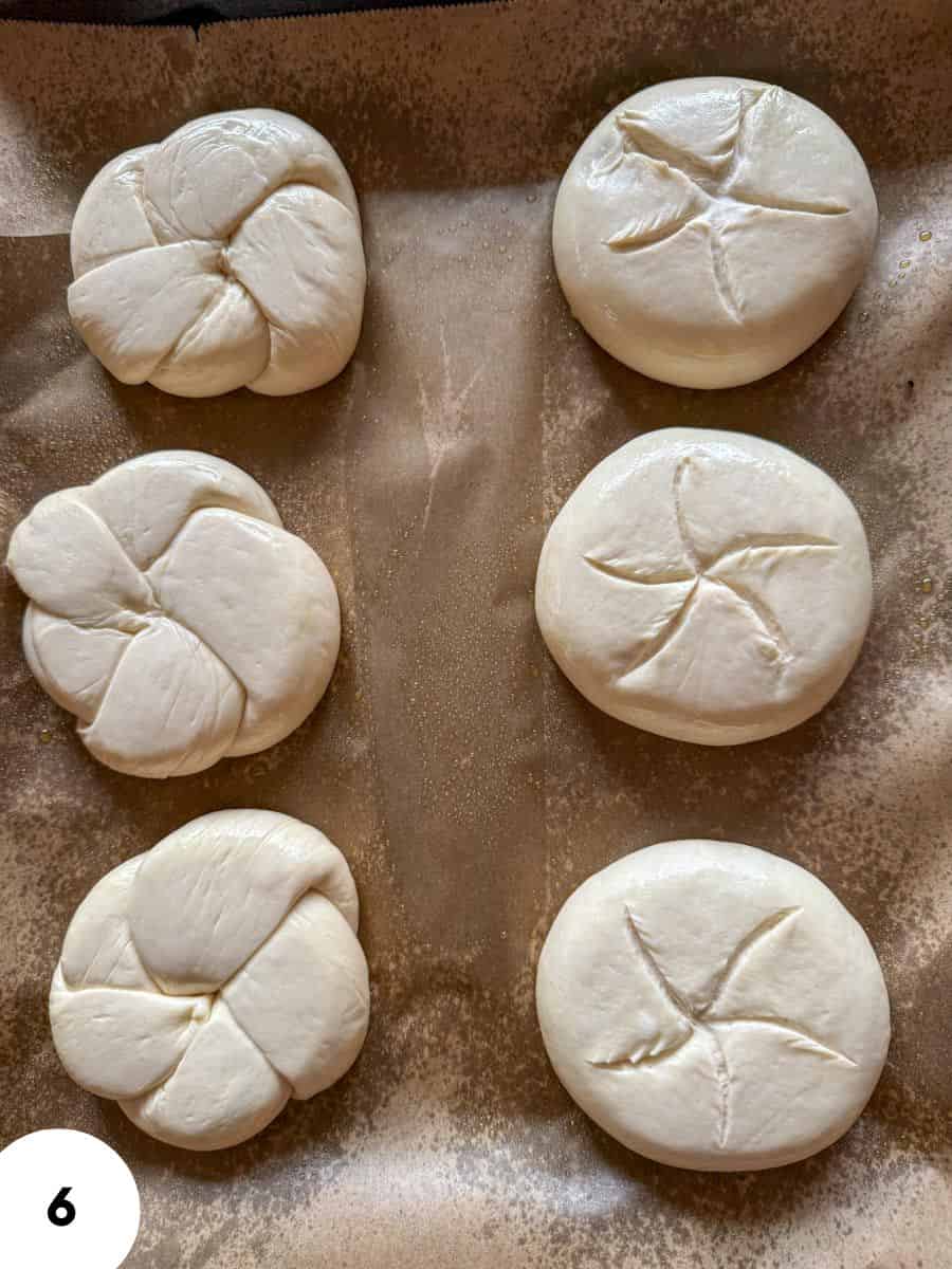 Six rolled dough discs with scoring marks ready for baking.