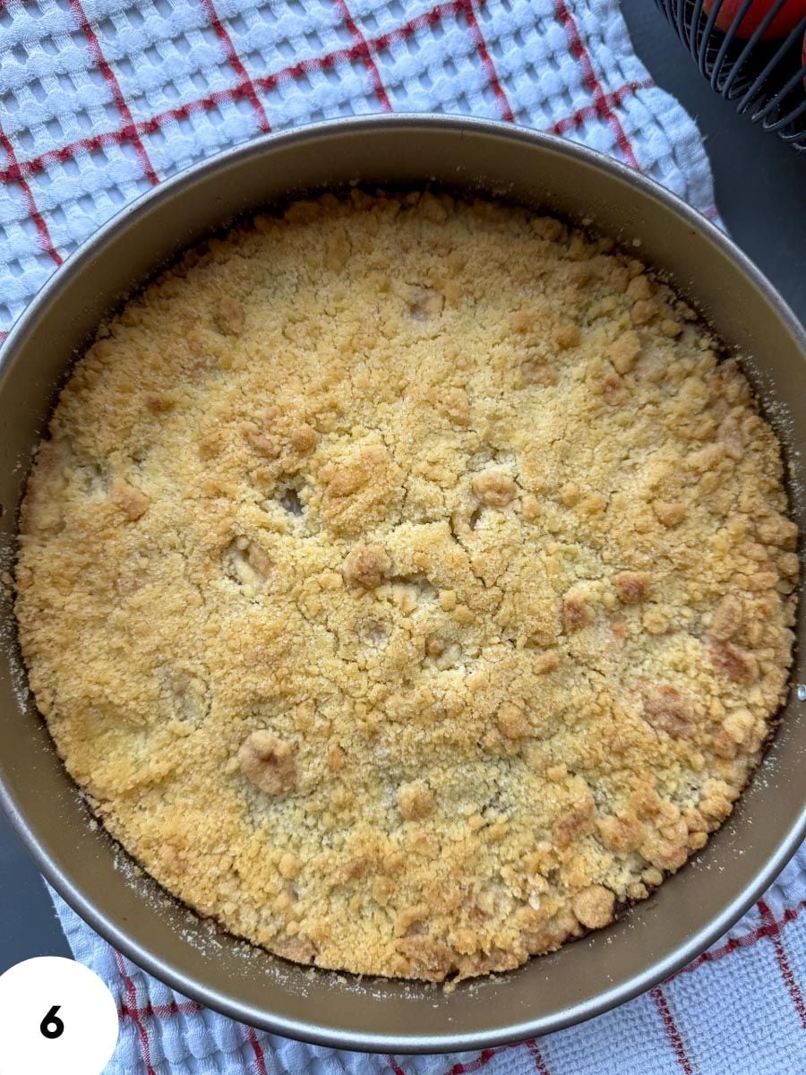 Crumb topping in a baking pan ready for baking or serving.