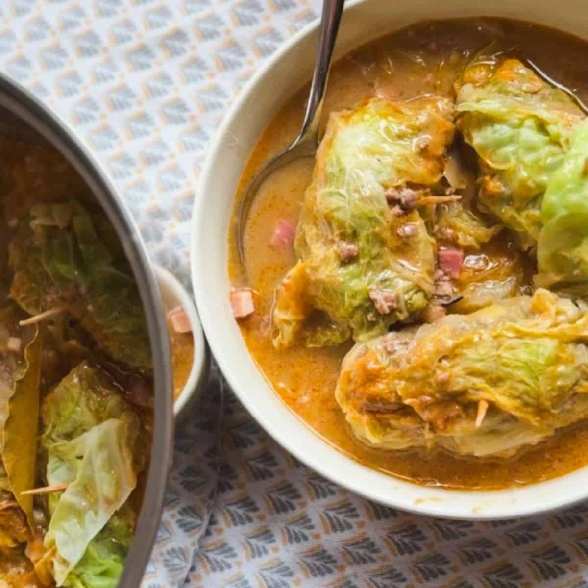 Stretch and Folds cabbage leaf dumplings in rich broth.