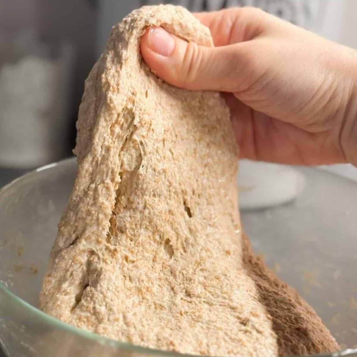 Hand performing stretch and fold technique for sourdough bread dough.