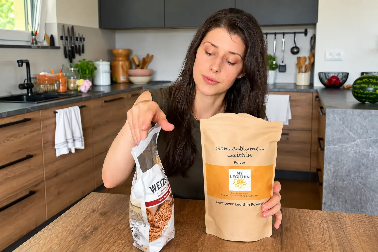 Baker holding sunflower lecithin powder beside a bag of wheat grains in her kitchen